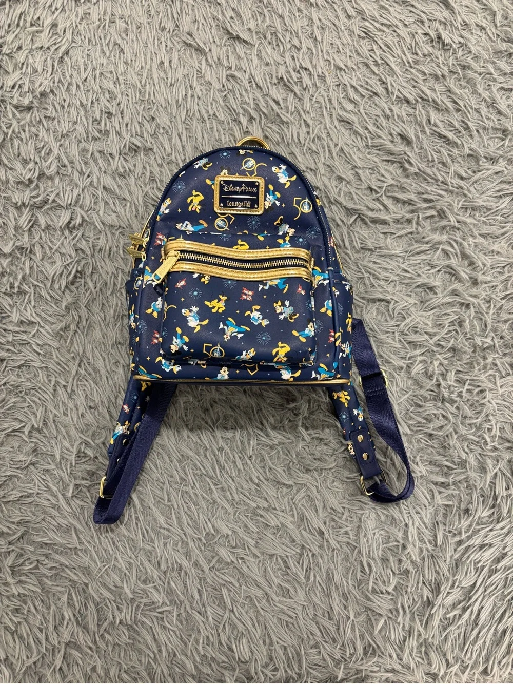 Loungefly Disney Parks 50th Anniversary Mini Backpack Blue Gold Mickey Donald